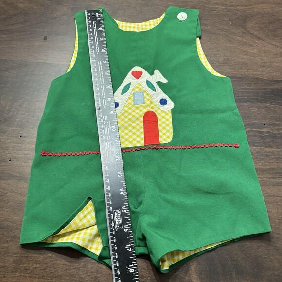 Vtg 70s Shortalls 6-9 Months Romper Green Yellow Appliqué USA Handmade Buttons - Picture 7 of 8